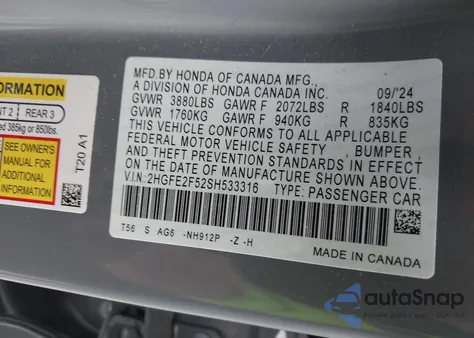 2025 Honda Civic Sport from USA, damaged, VIN 2HGFE2F52SH533316